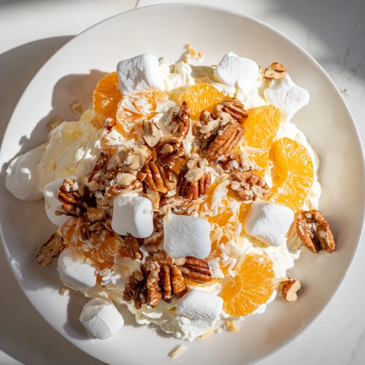 A refreshing bowl of Elevated Ambrosia Salad, featuring a sweet, nutty, and creamy texture perfect for dessert.