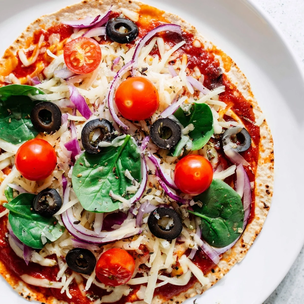 Golden, crispy edges on a delicious Crispy Tortilla Pizza, ready for a flavorful bite.