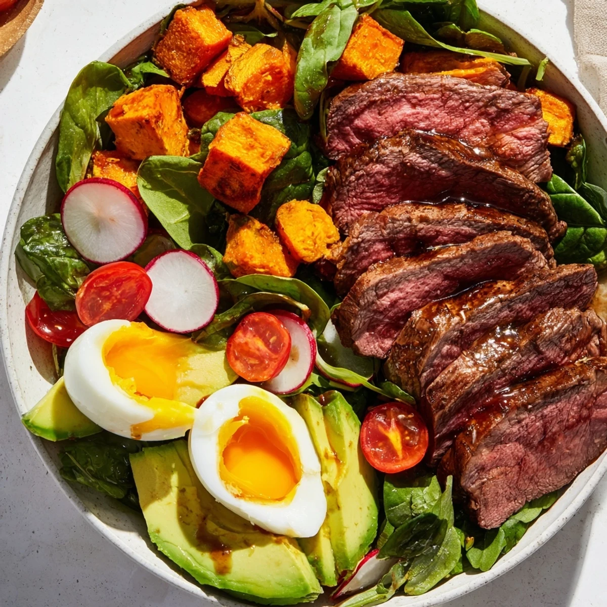 High-Protein Beef Avocado Bowl, featuring seared beef with creamy avocado and jammy eggs.