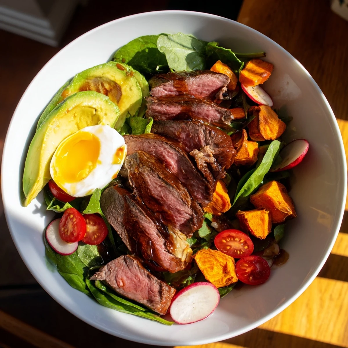 Satisfying High-Protein Beef Avocado Bowl featuring sliced beef over greens with roasted sweet potato.