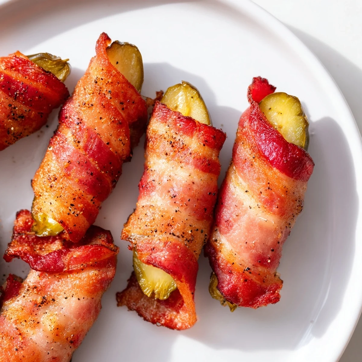 Golden, crispy bacon-wrapped pickles, a simple appetizer with savory and tangy flavors.