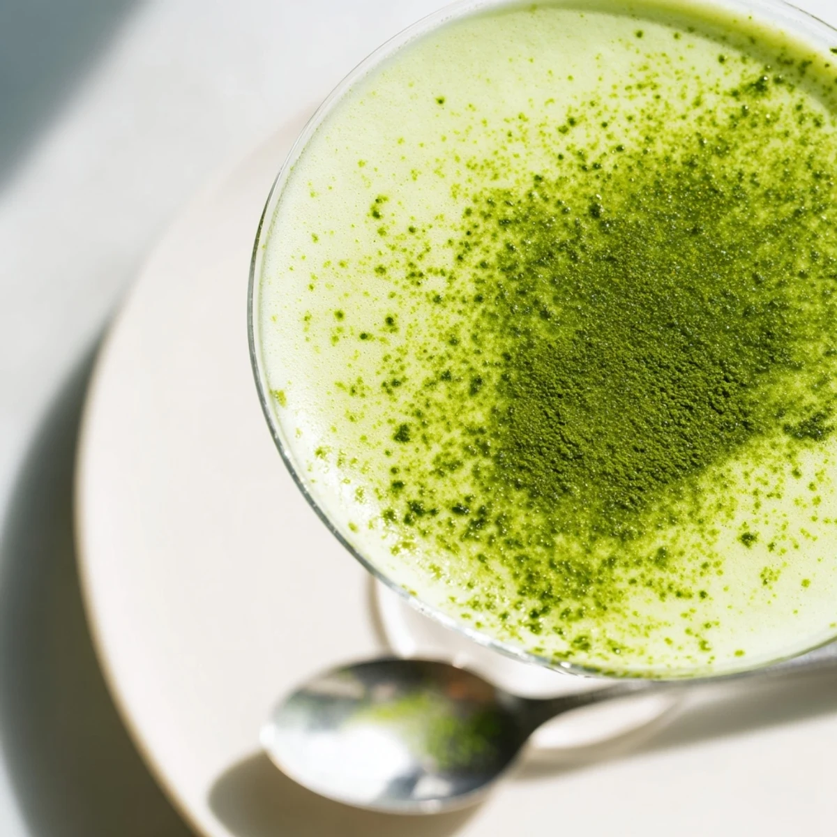 Elegant martini glass overflowing with a rich Matcha Martini, a unique cocktail creation for any occasion.