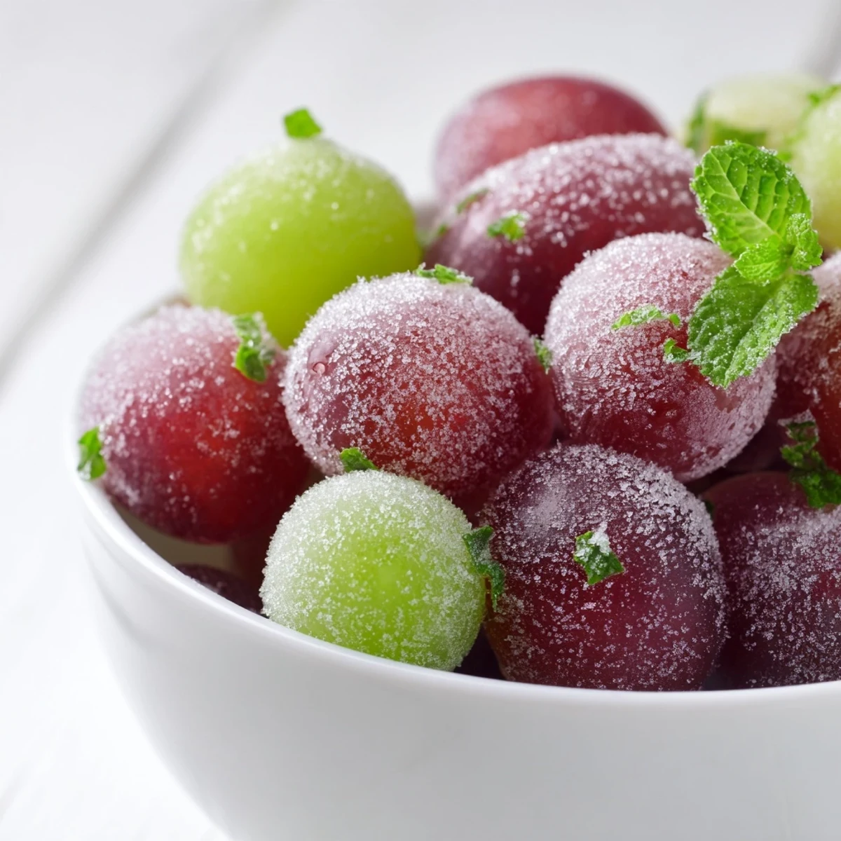Crisp, frozen grapes spa treat, a refreshing healthy snack glistening with icy goodness, ready to eat.