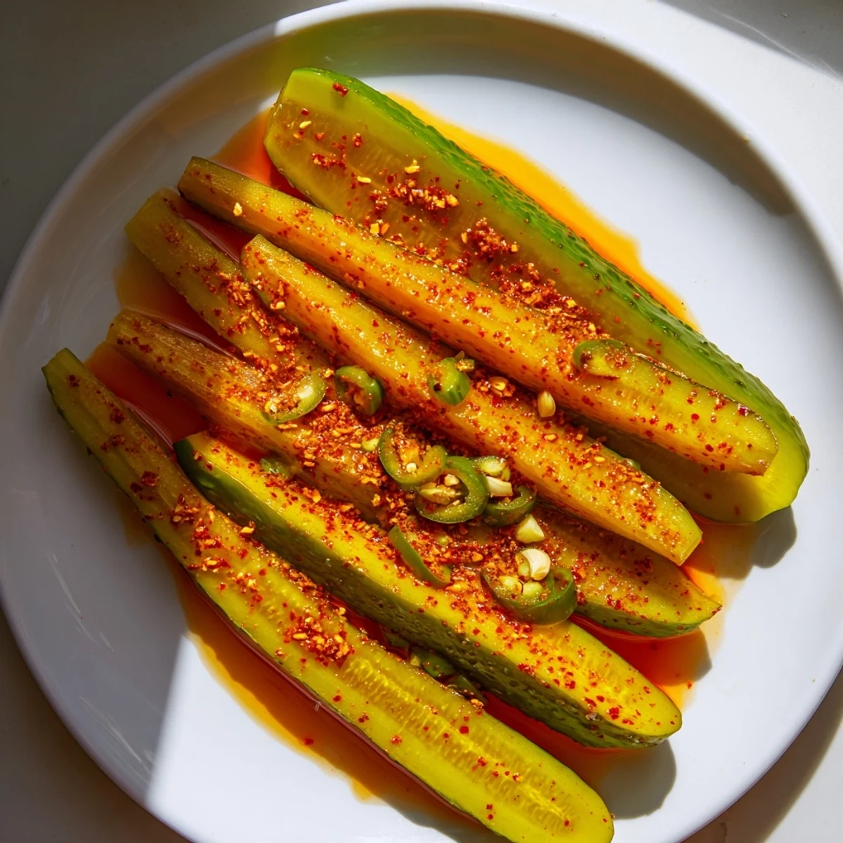 Close up shot of zesty Taco Pickles with visible seasonings; perfect for nacho toppings.