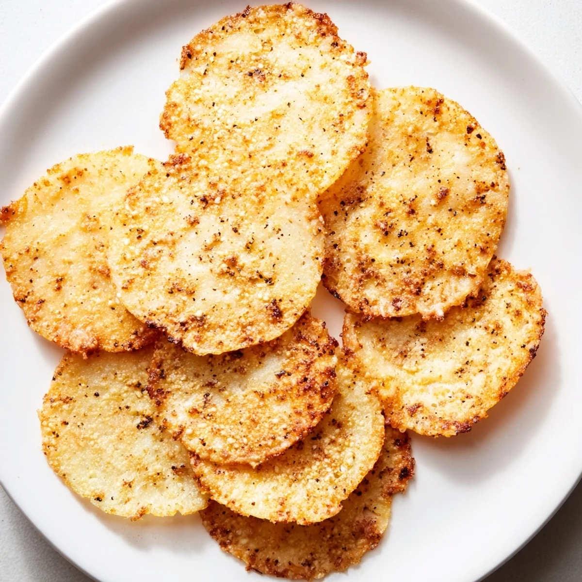Golden cottage cheese chips, crispy and seasoned, offering a satisfying high-protein baked snack.