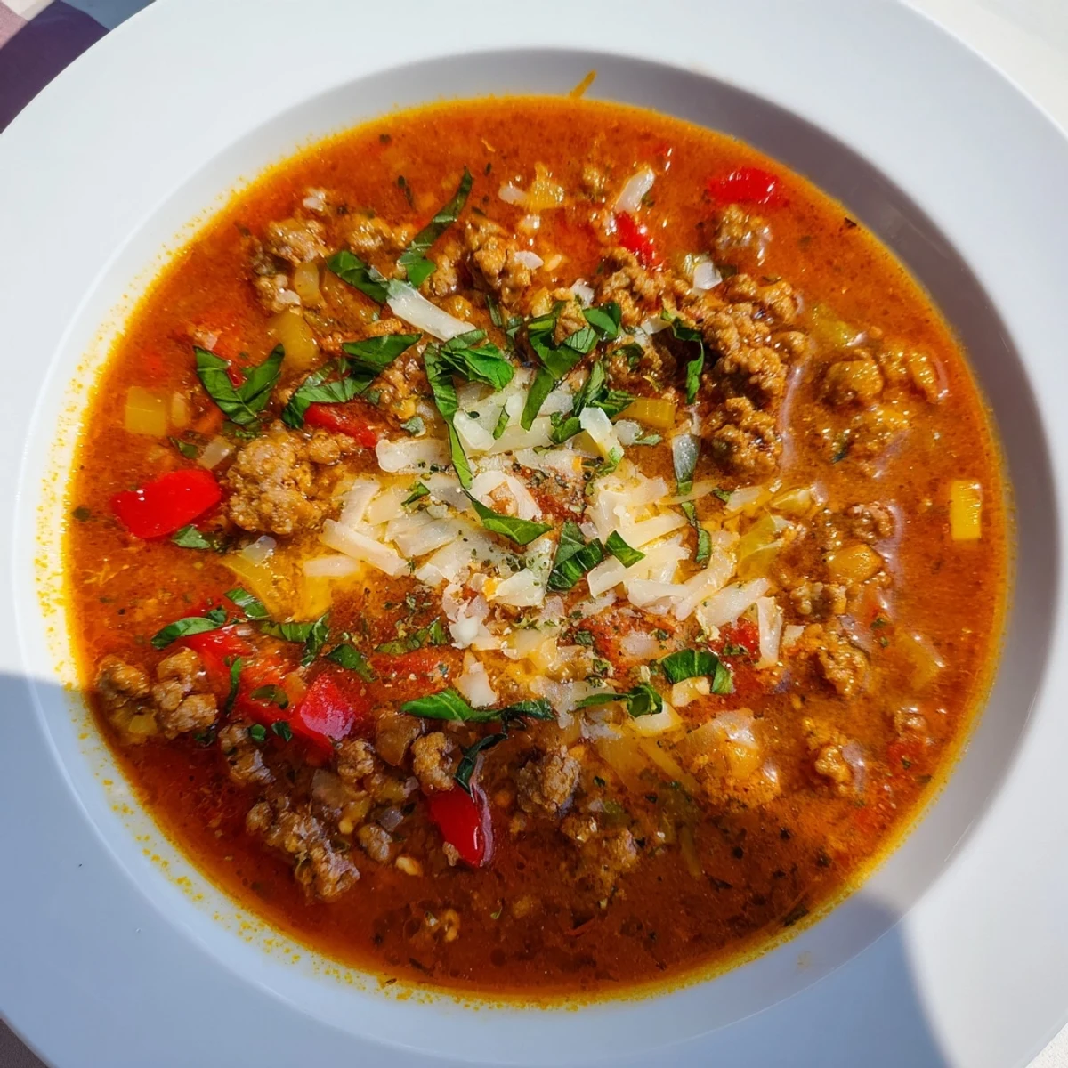 A close-up of hearty Pizza Soup, vibrant with Italian sausage and fresh basil garnish.