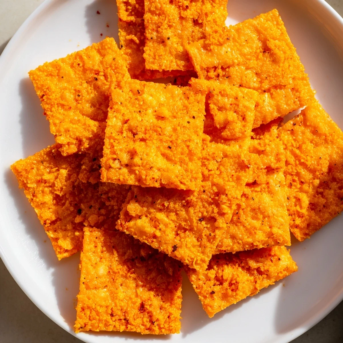 Golden-brown Crispy Cheeto Cheese Crackers, a savory snack with a cheesy aroma before a bite.