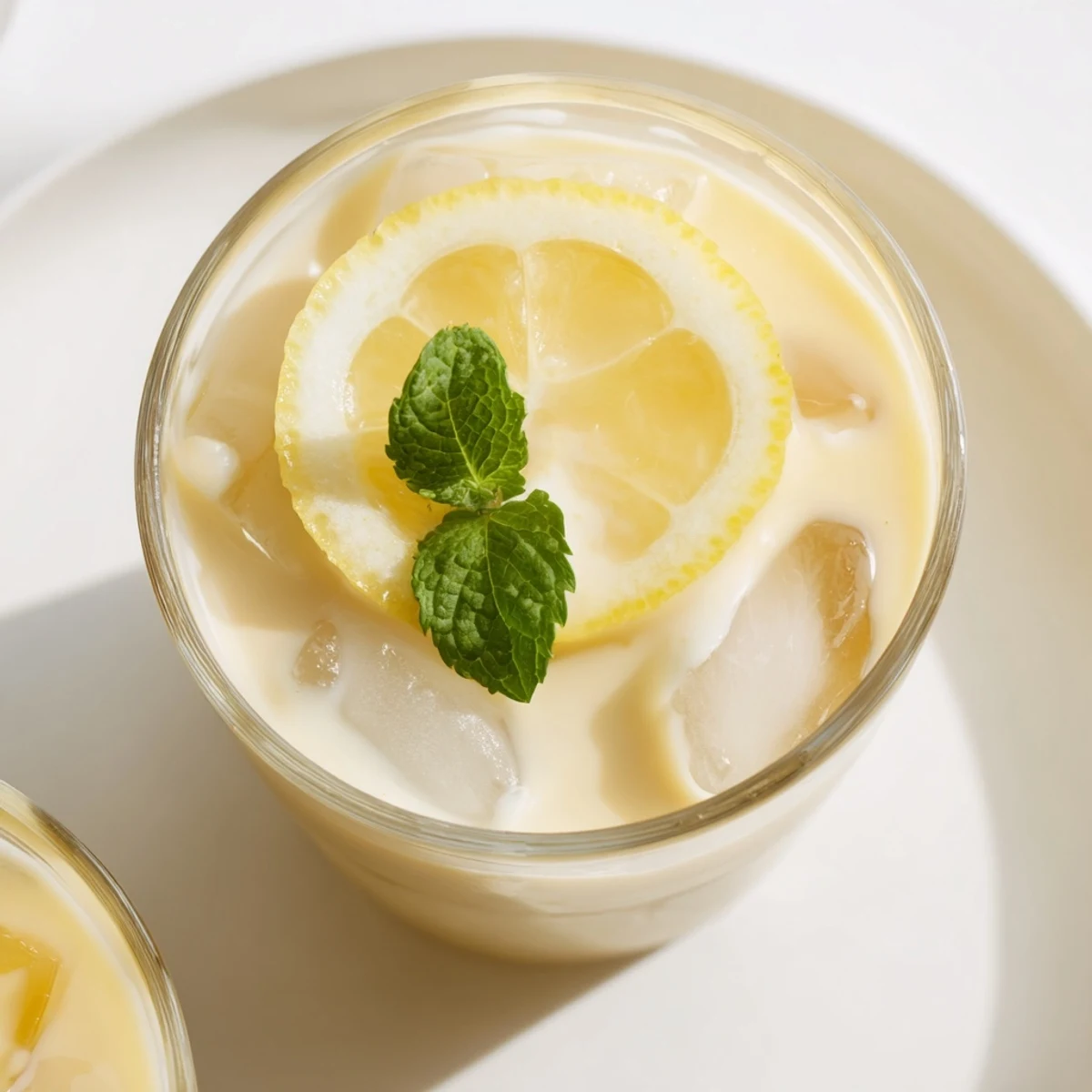 A tall glass of creamy lemonade, garnished with lemon slices, looks incredibly refreshing.