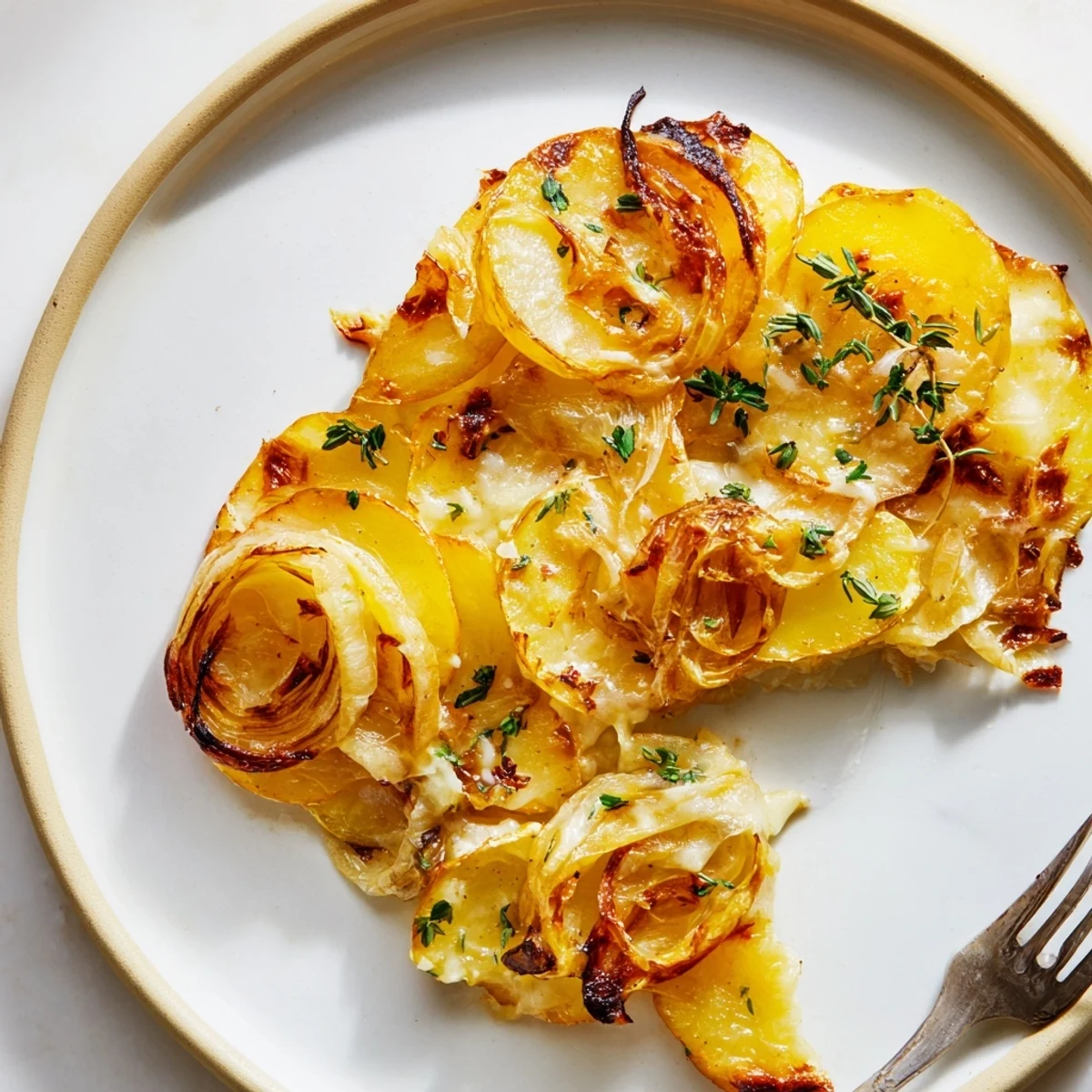 Savory French Onion Soup Potatoes featuring layers of tender roasted potatoes and a rich cheese topping.