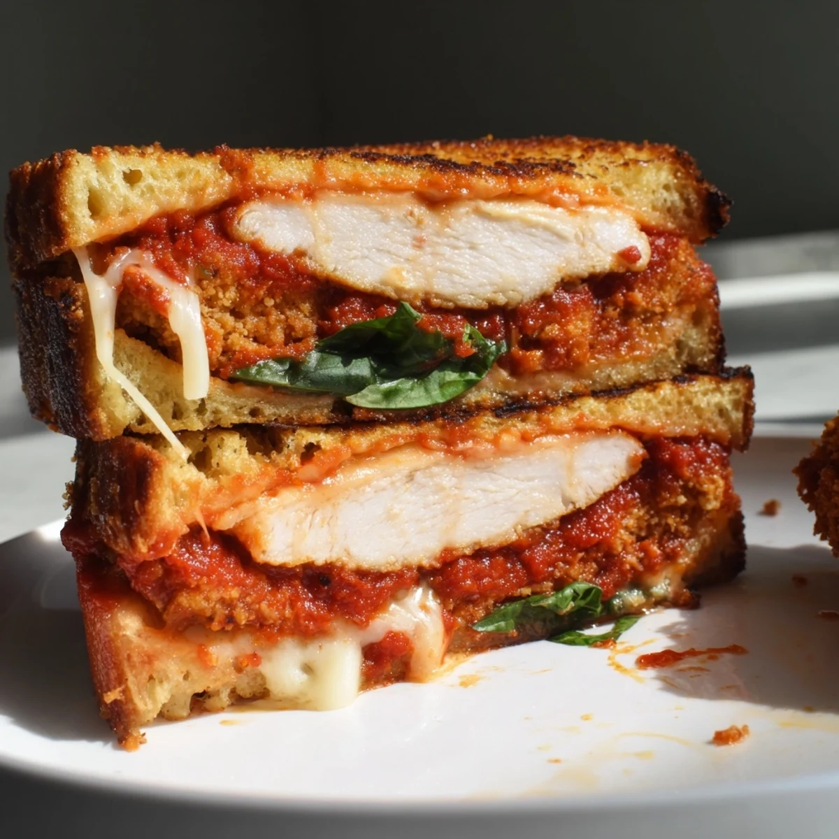 Golden Chicken Parm Grilled Cheese with melted mozzarella and crispy, fried chicken slices.