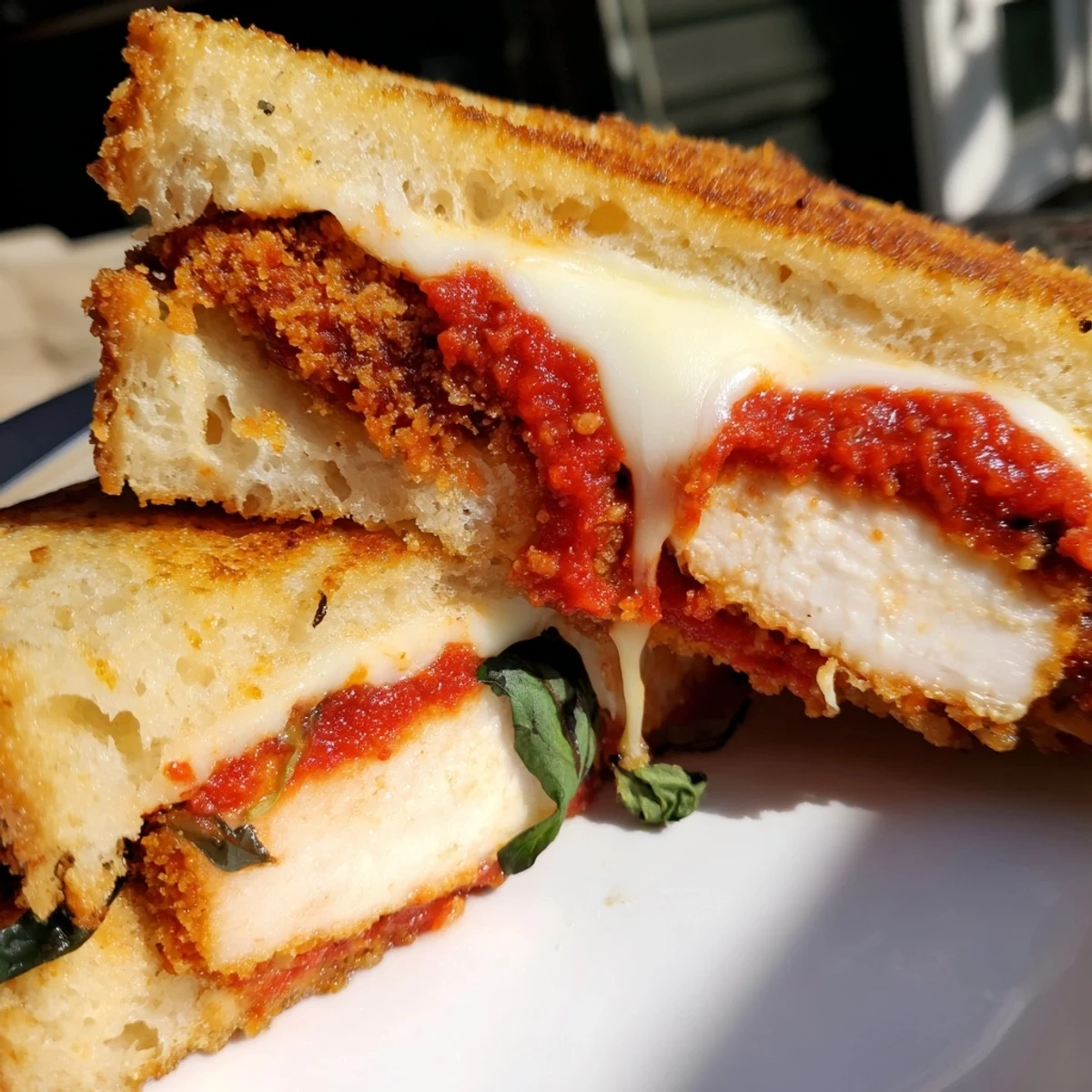 A close-up of a Chicken Parm Grilled Cheese, showing layers of chicken, sauce, and cheese.