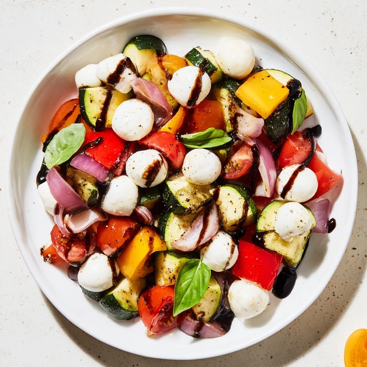 Enjoy a delicious, warm Roasted Veggie Caprese Salad with tender vegetables and a tangy glaze.