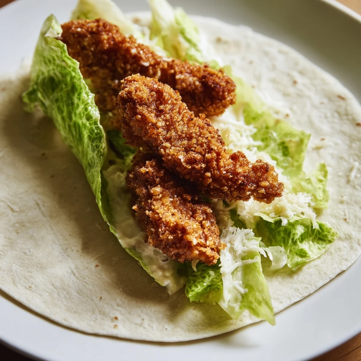 Golden crispy chicken Caesar wrap, a flavorful meal with fresh romaine, and creamy dressing.