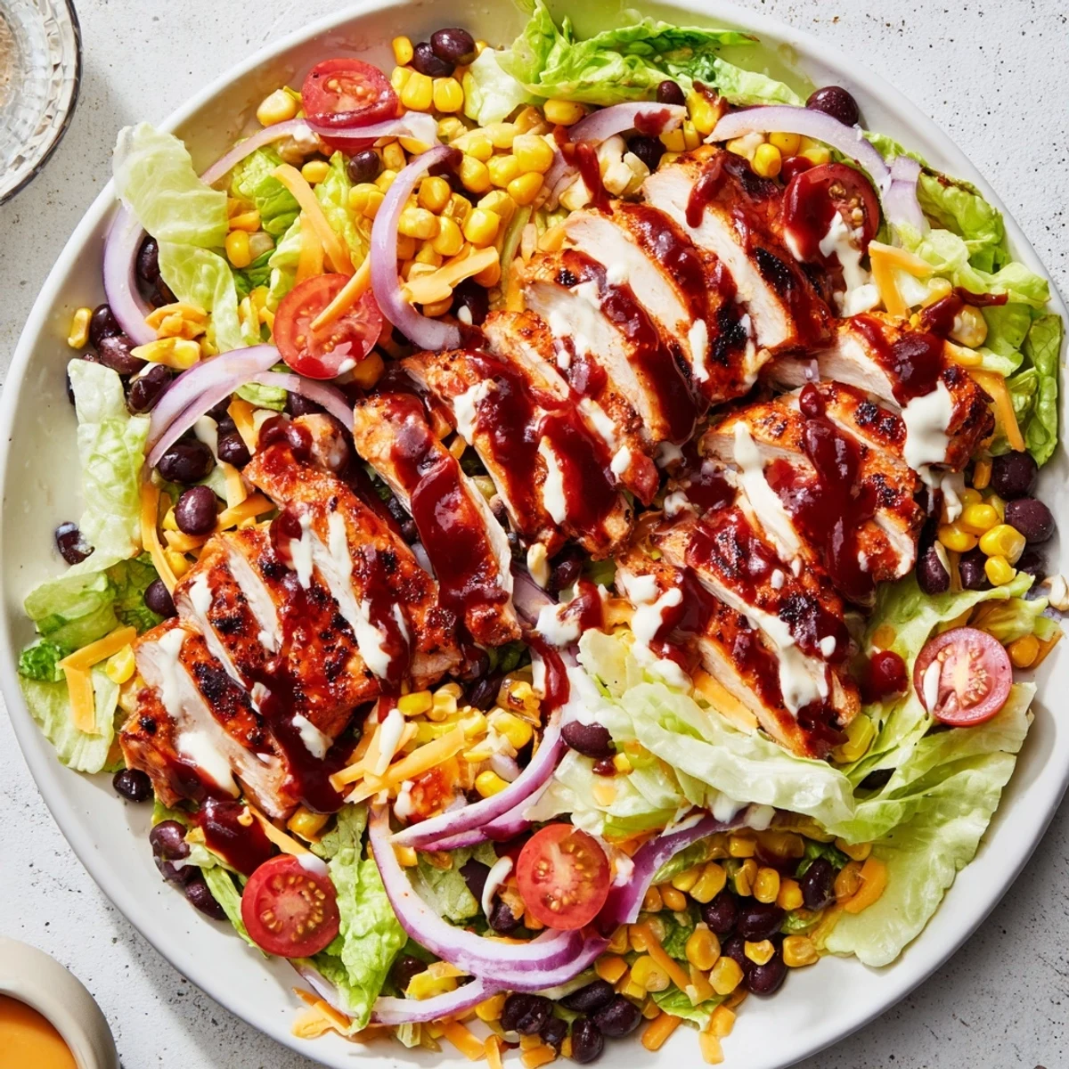 A colorful BBQ chicken salad with juicy grilled chicken and fresh, crisp vegetables.