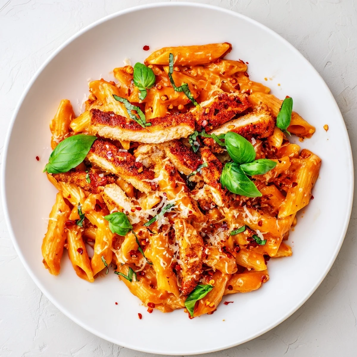 Flavorful Spicy Tomato Chicken Pasta, with penne pasta coated in a rich, vibrant chili tomato sauce.