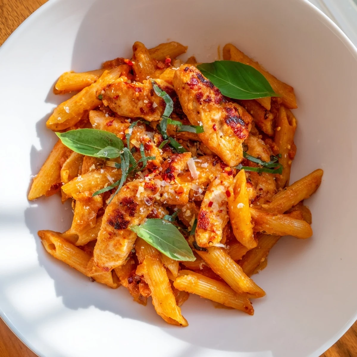 A close-up view of the Spicy Tomato Chicken Pasta, ready for a delicious Italian-American dinner.