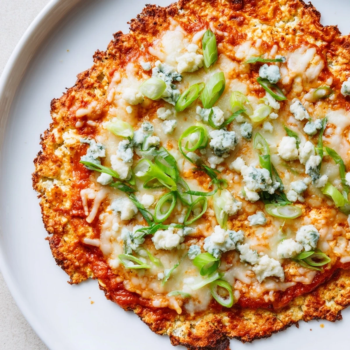 A close-up of a bubbling Buffalo Cauliflower Pizza, with vibrant green onions and celery visible.