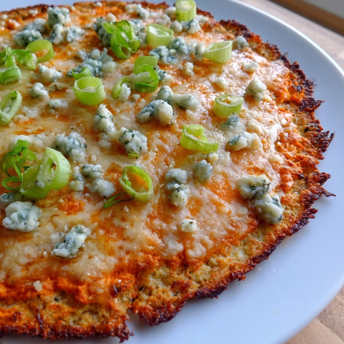 Enjoy a slice of homemade Buffalo Cauliflower Pizza with a golden, crispy crust and spicy buffalo sauce.