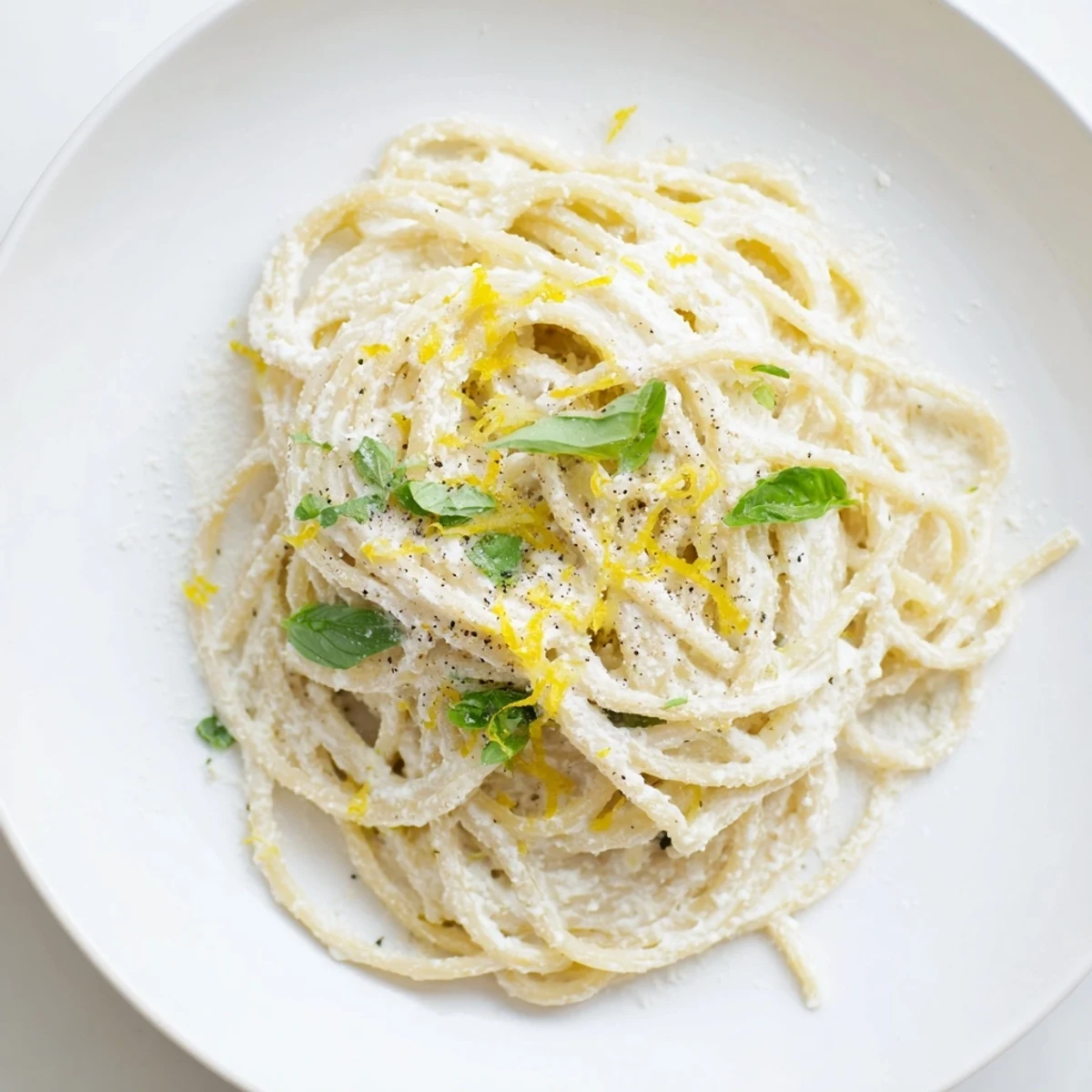 Creamy, glistening Lemon Ricotta Pasta, tossed with spaghetti and ready to be served hot.