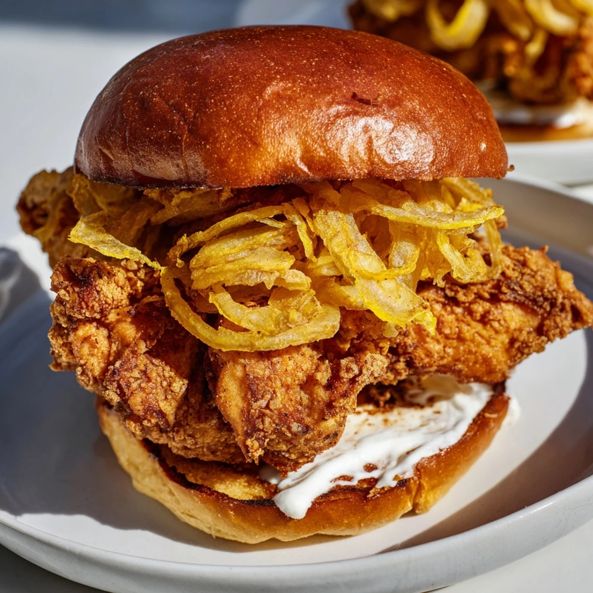 This delicious Crispy Onion Chicken Sandwich features visibly crispy fried chicken, with crunchy onions, all stacked high.