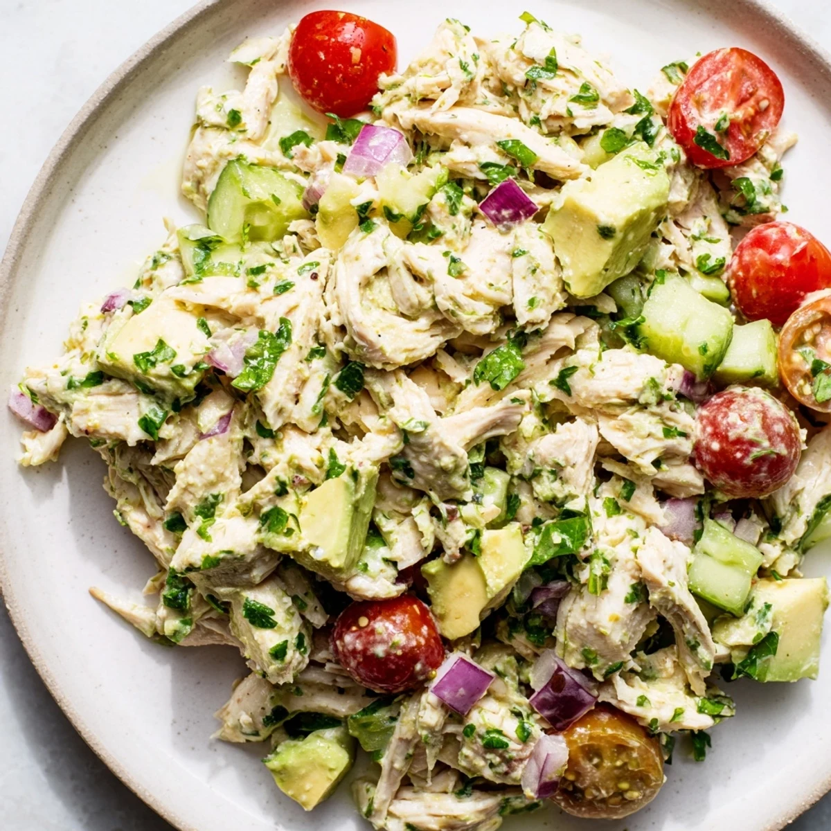 Creamy avocado chicken salad with visible chunks of avocado and bright red tomatoes, a refreshing bite.
