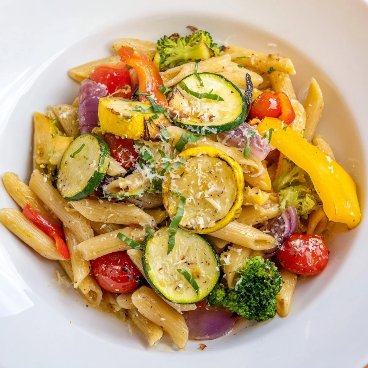 A visually appealing Pasta Primavera, glistening with olive oil and topped with fresh herbs and Parmesan.