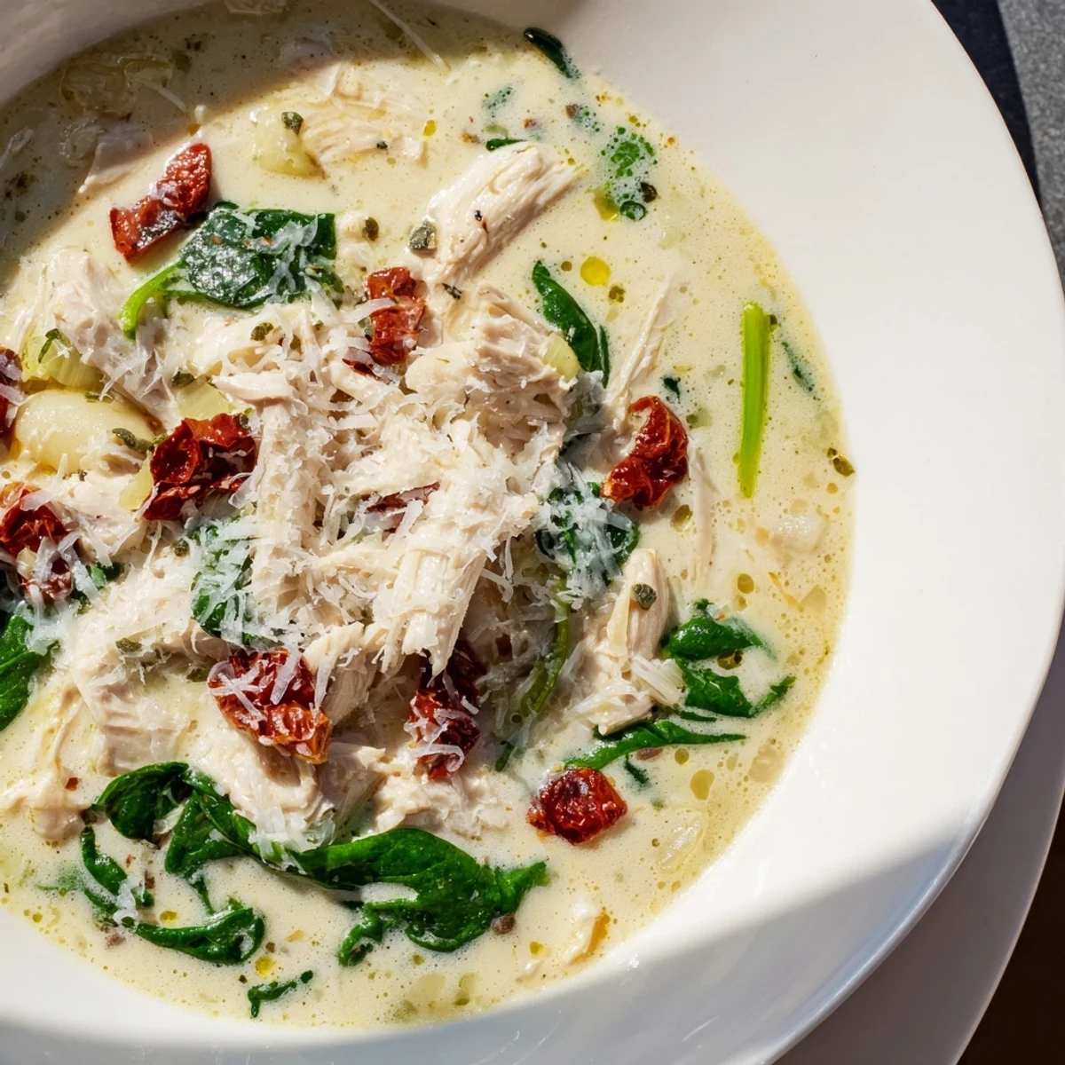 Enjoy a warm bowl of Creamy Tuscan Chicken Soup, perfect for a cozy, flavorful dinner.