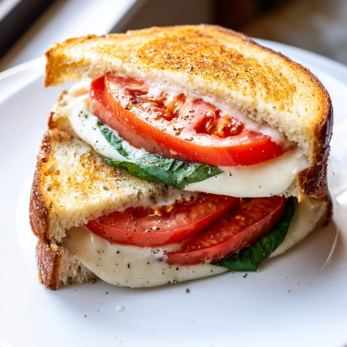 Golden-brown Tomato Basil Grilled Cheese, oozing melted mozzarella and fresh tomato slices.
