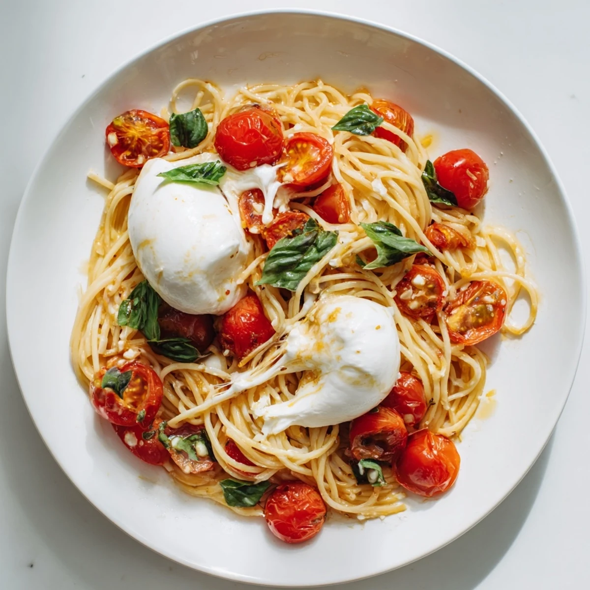 A close-up of creamy burrata Caprese pasta topped with fresh basil and cherry tomatoes.