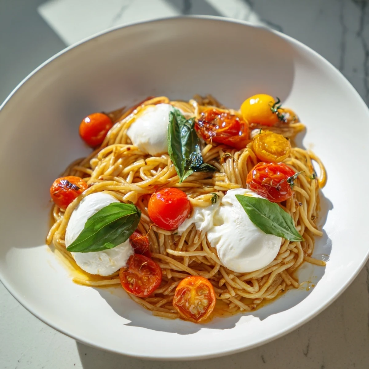 Enjoy this comforting bowl of vibrant Burrata Caprese pasta, tossed with fresh basil.