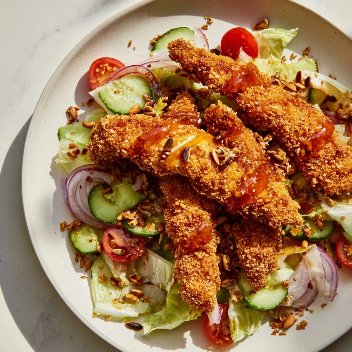 Golden, crispy hot honey chicken salad with spicy glazed chicken over chopped romaine lettuce.