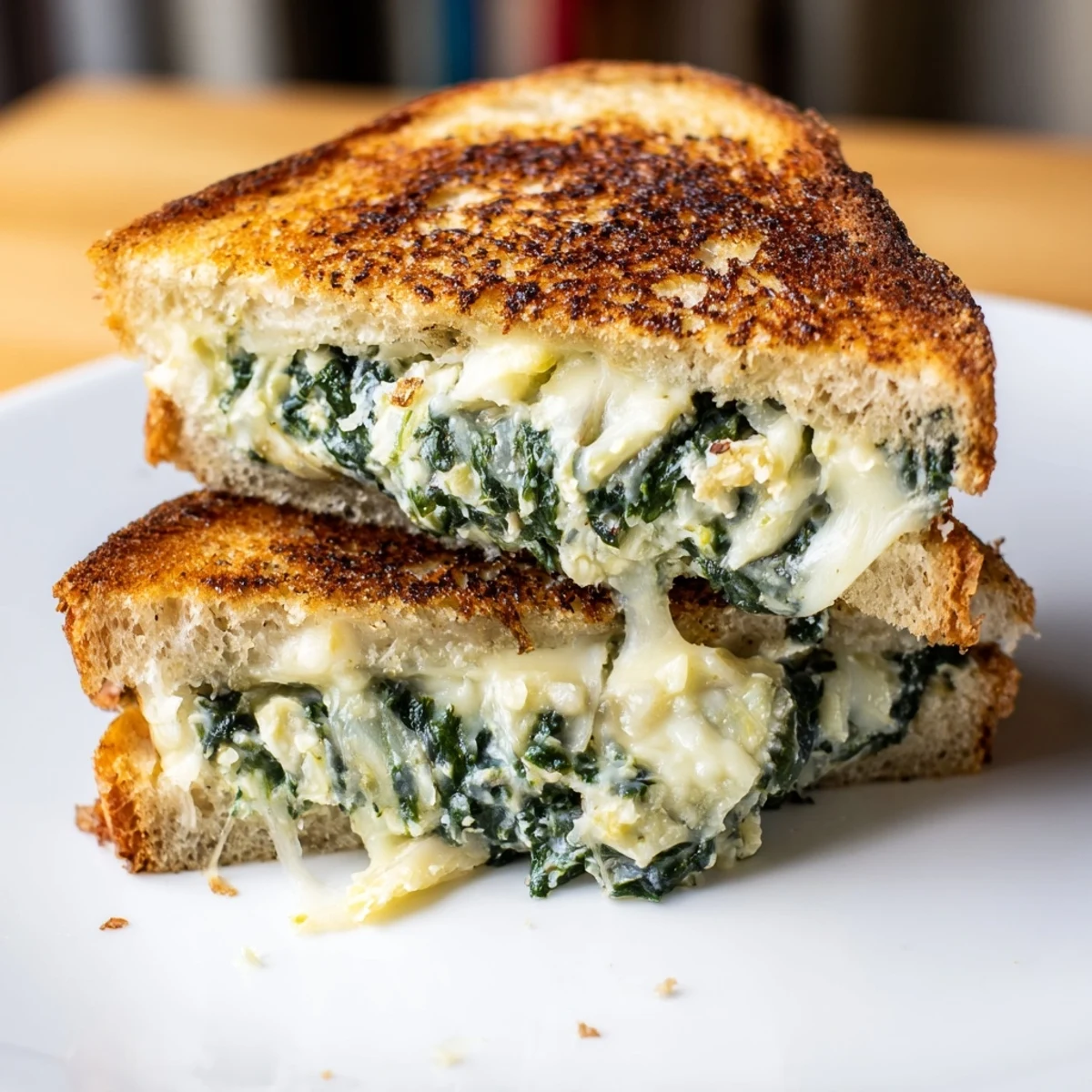 Delicious Artichoke Spinach Grilled Cheese, oozing with melted cheese and creamy spinach–artichoke filling.