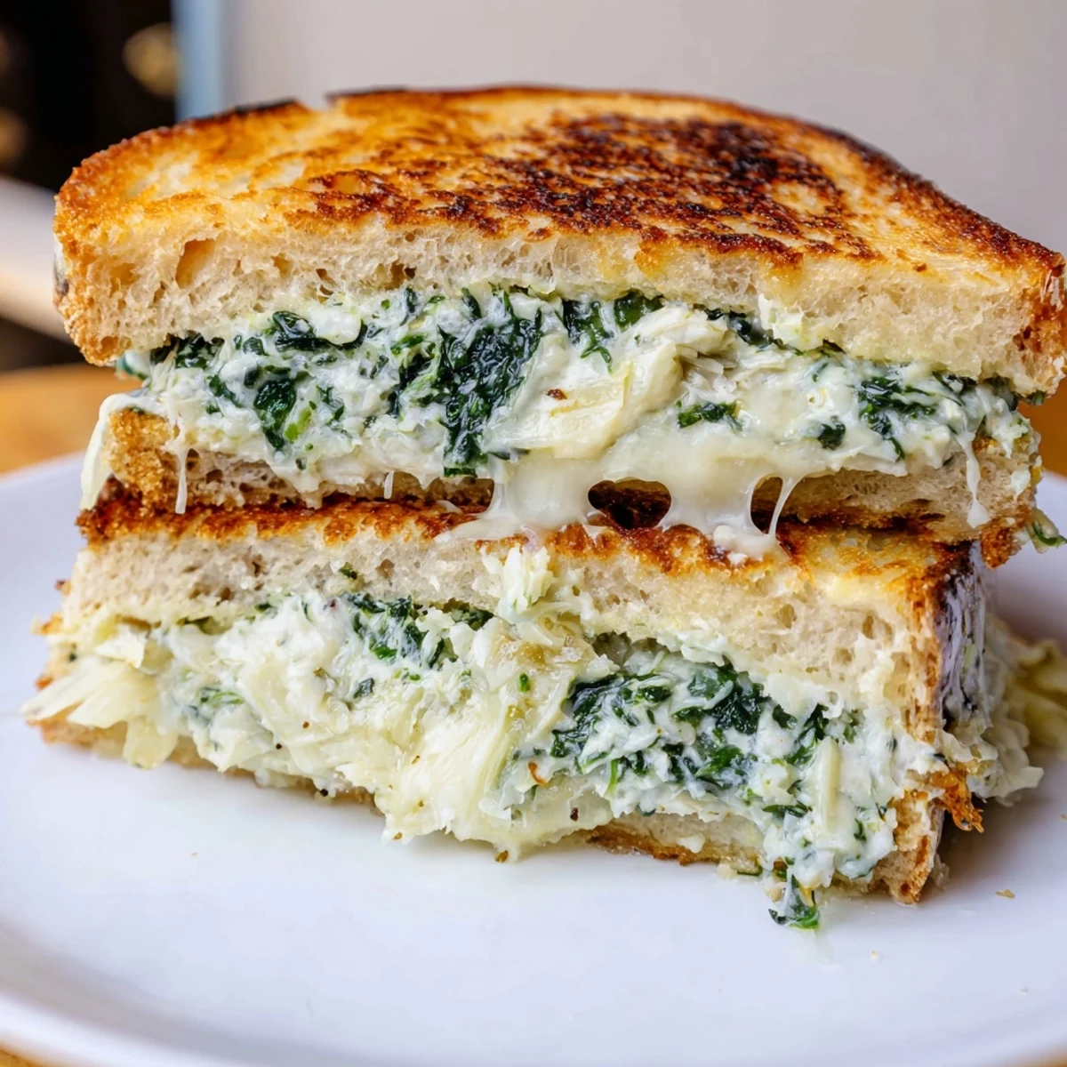Crispy sourdough hugging a gooey core of Artichoke Spinach Grilled Cheese, ready to melt in your mouth.