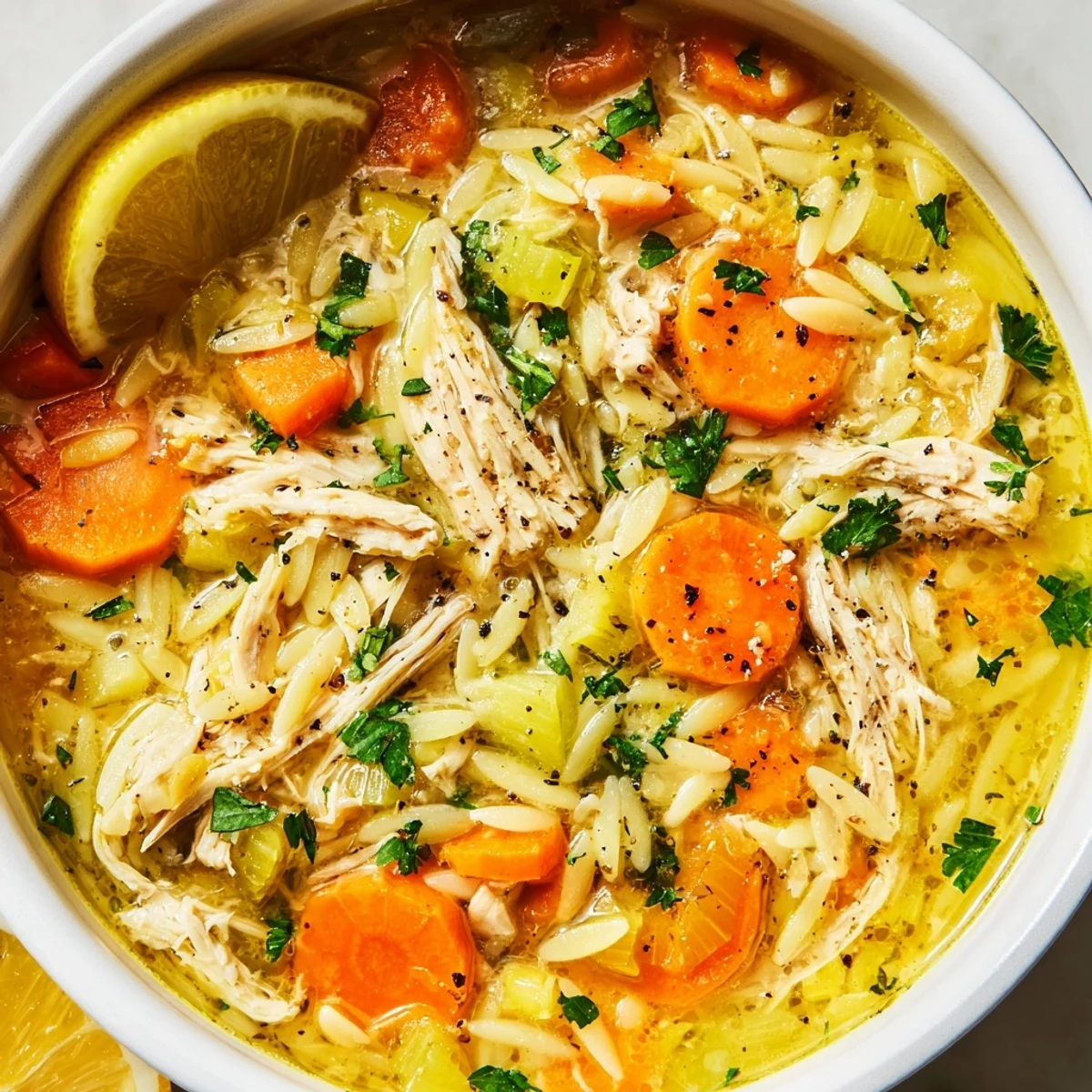 A close-up of a warm, comforting Lemon Pepper Chicken Orzo Soup, perfect for a cozy dinner.