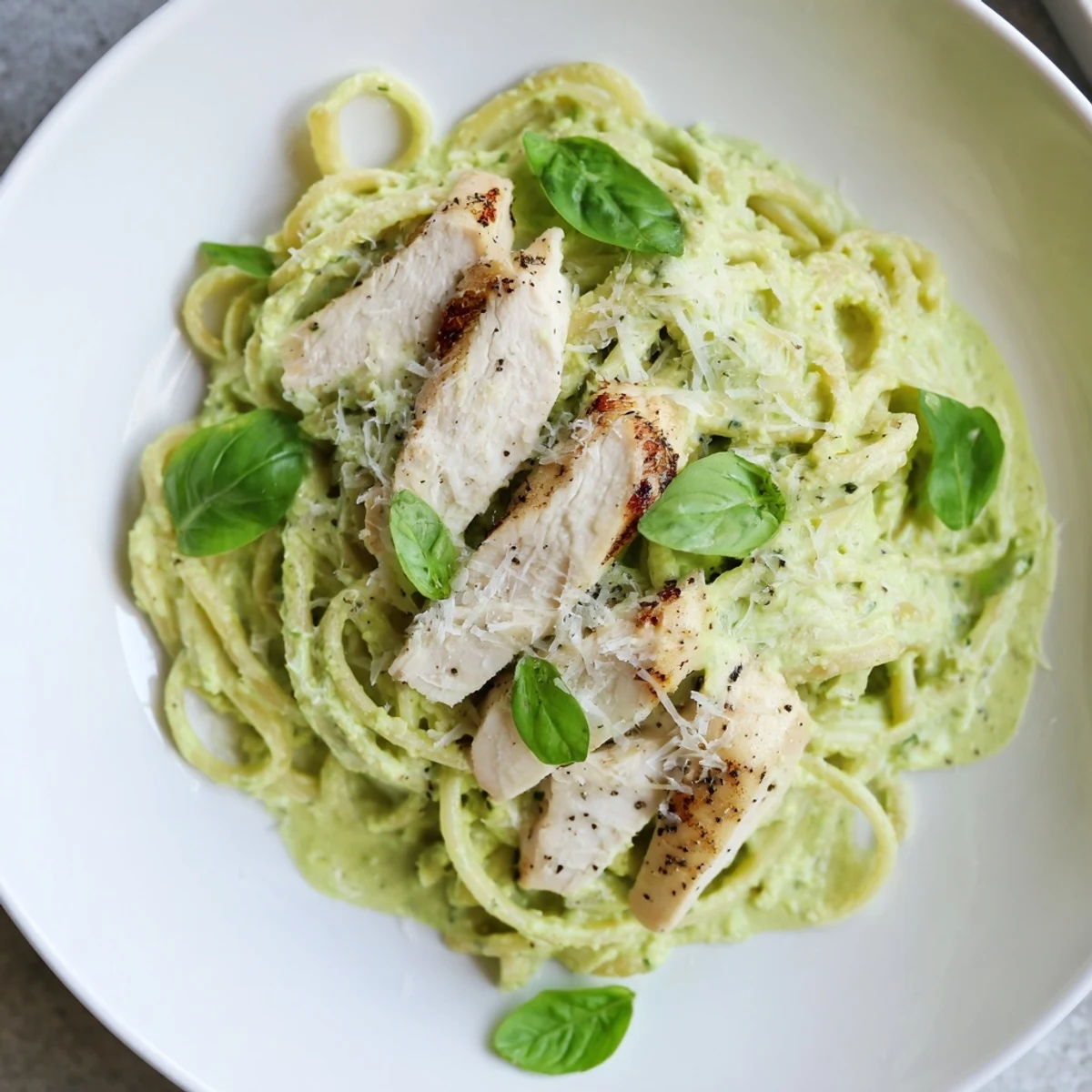 A bowl of Creamy Avocado Chicken Pasta with freshly grated Parmesan and basil, ready to serve.