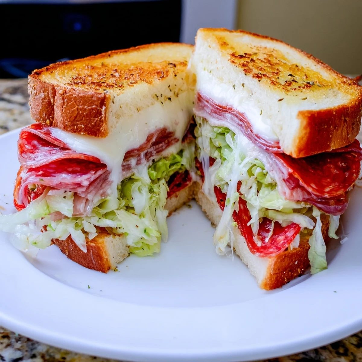 Golden, melty Italian sub grilled cheese sandwich, oozing cheese and Italian meats ready to eat.