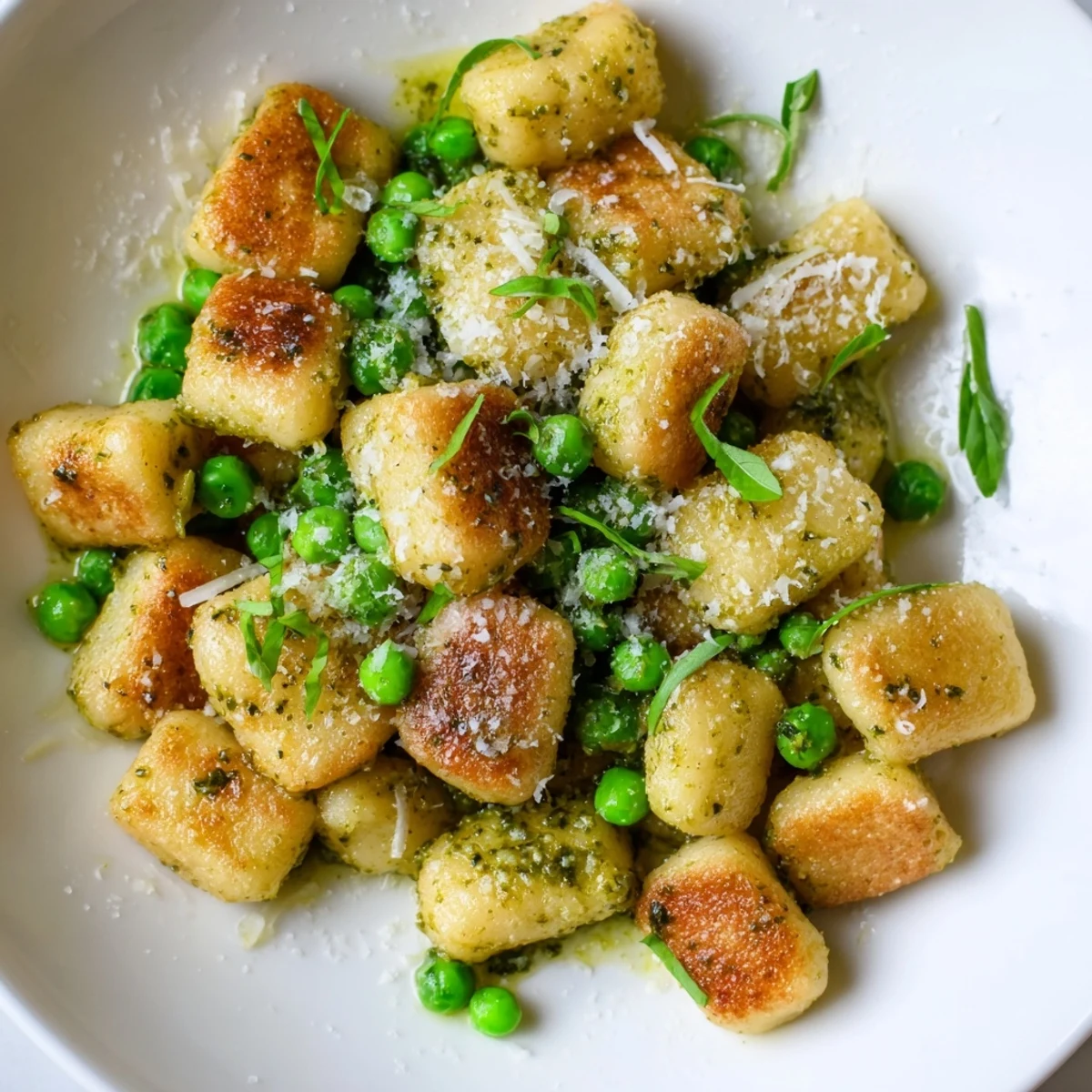 Golden-brown Pesto Pea Gnocchi skillet, tossed with bright green peas and fragrant pesto sauce.