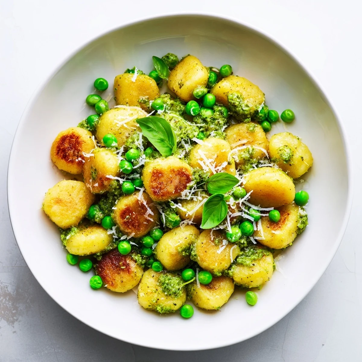 A close-up shot of the flavorful Pesto Pea Gnocchi skillet, topped with fresh basil and Parmesan.