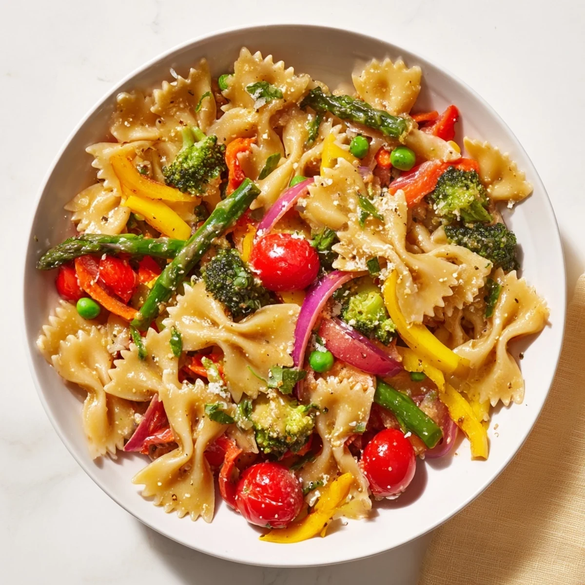 Freshly made Rainbow Veggie Pasta Primavera, a delicious vegetarian dish, garnished with herbs and Parmesan.