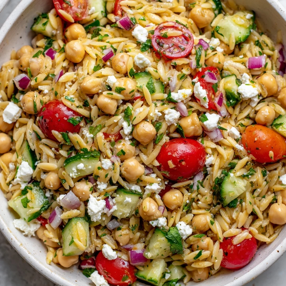 Close-up of a colorful Lemony Chickpea Orzo Salad, perfect for summer potlucks, smelling delicious!