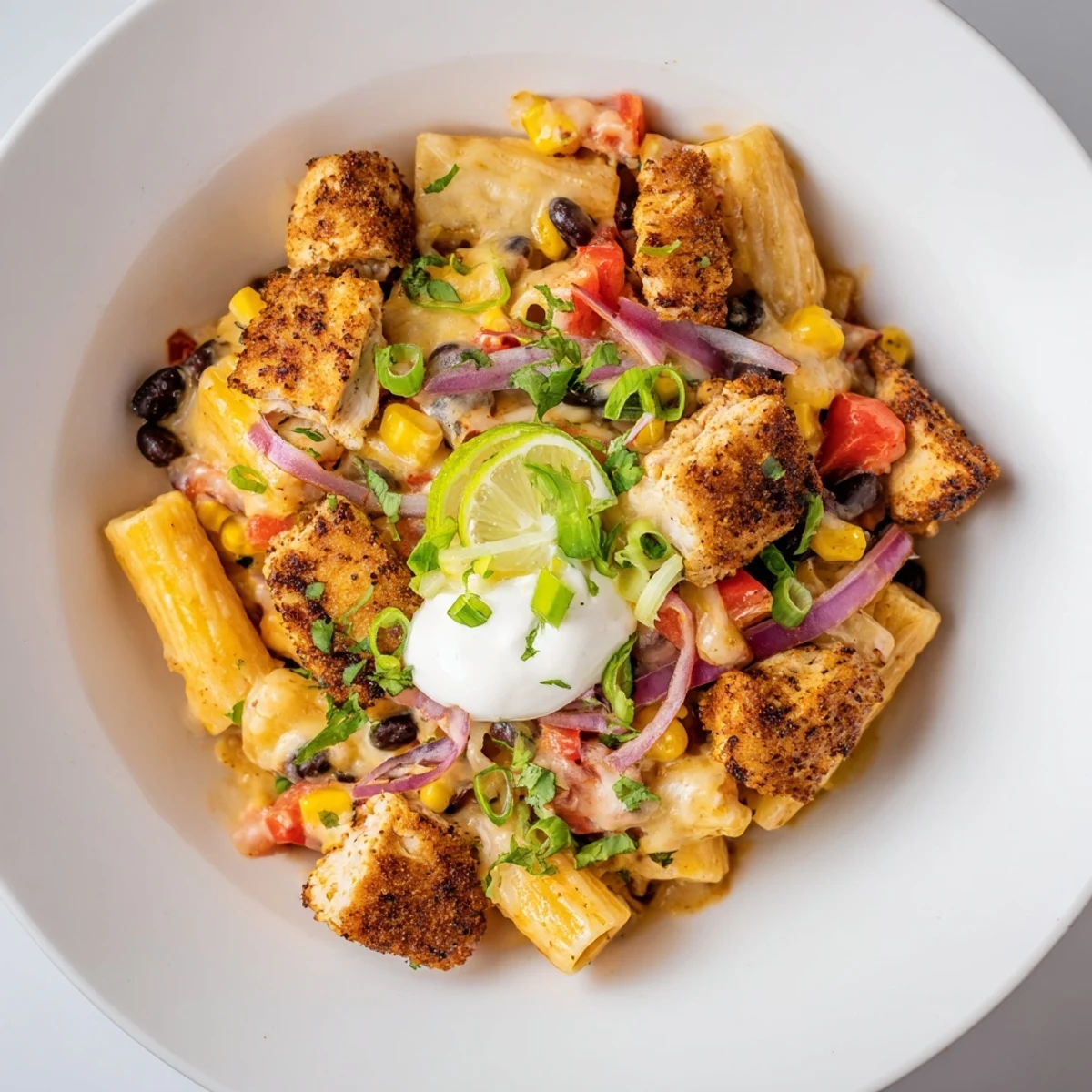 Golden, crispy chicken pieces mingling with cheesy pasta in this tempting Crispy Chicken Burrito Pasta dish.