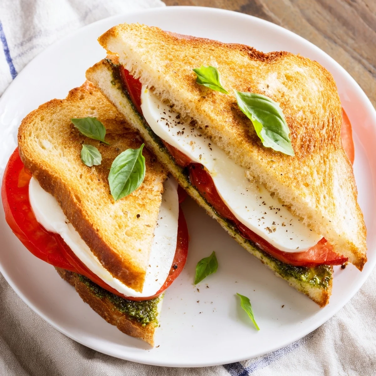 Golden Caprese Pesto Grilled Cheese, oozing with melted mozzarella and fresh tomato slices.
