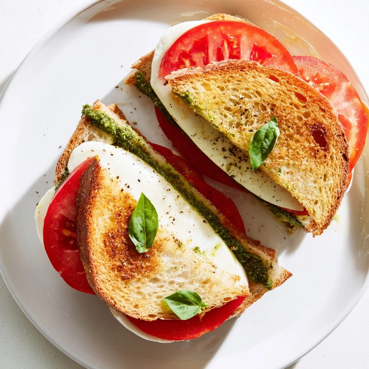 Crispy sourdough filled with Caprese Pesto Grilled Cheese, perfect for a quick, comforting lunch.