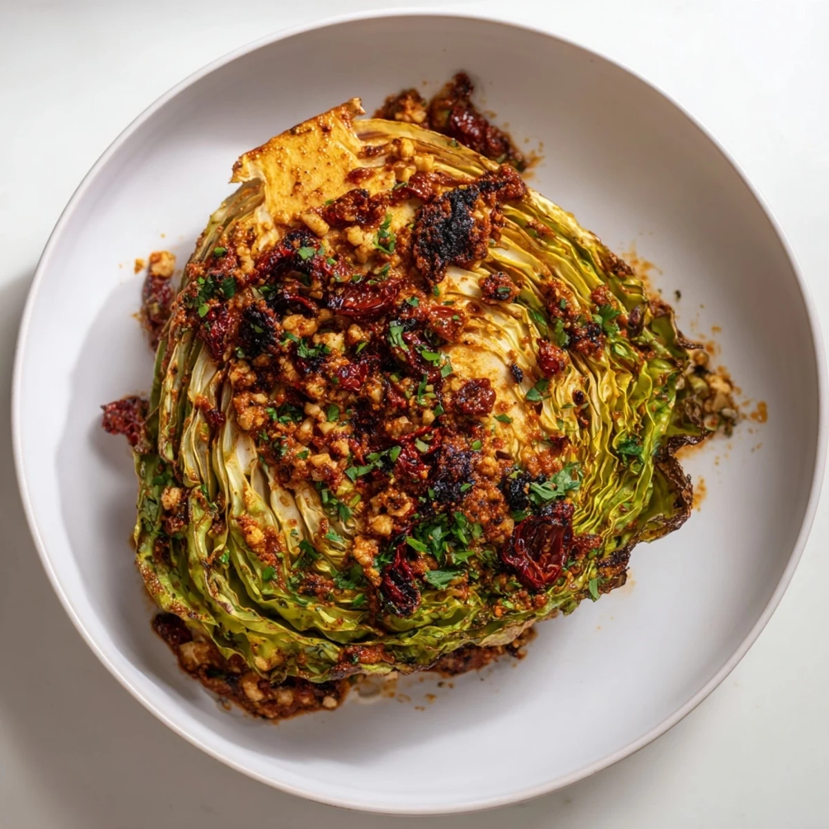 Caramelized roasted cabbage wedges topped with warm winter romesco sauce and fresh parsley, garnished with lemon wedges on a rustic platter.