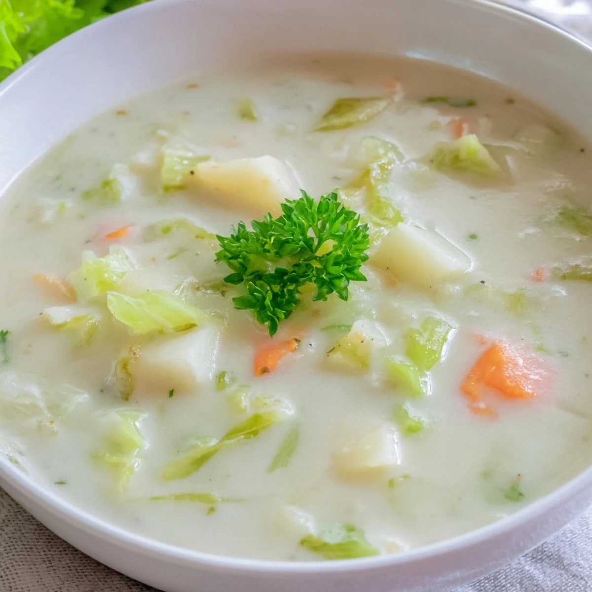 Velvety Creamy Potato Soup with Cabbage topped with fresh parsley, paired with a slice of crusty bread.
