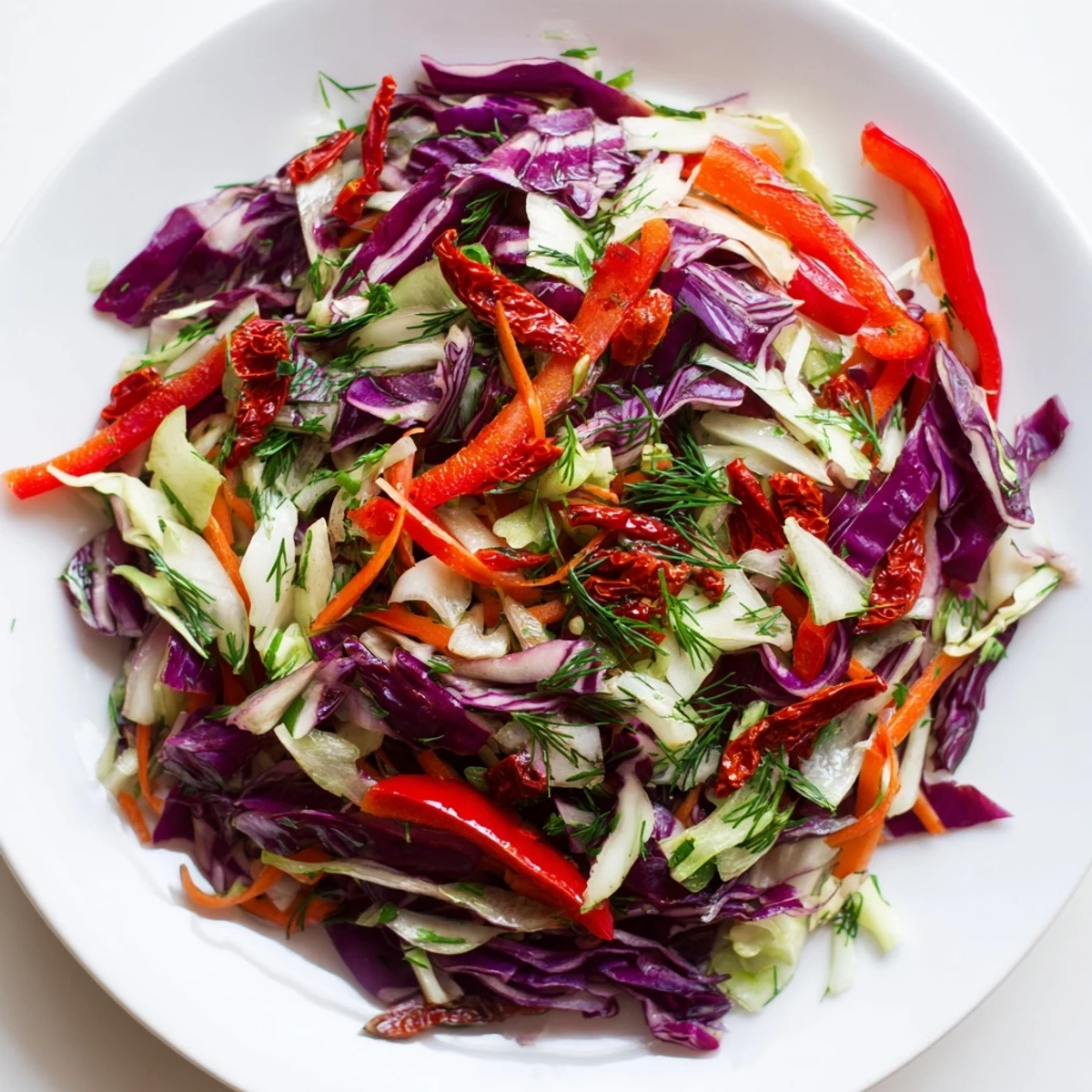 Freshly tossed cabbage salad with sun-dried tomatoes and herbs on a wooden table, glistening with vinaigrette and served as a light vegetarian lunch.  
