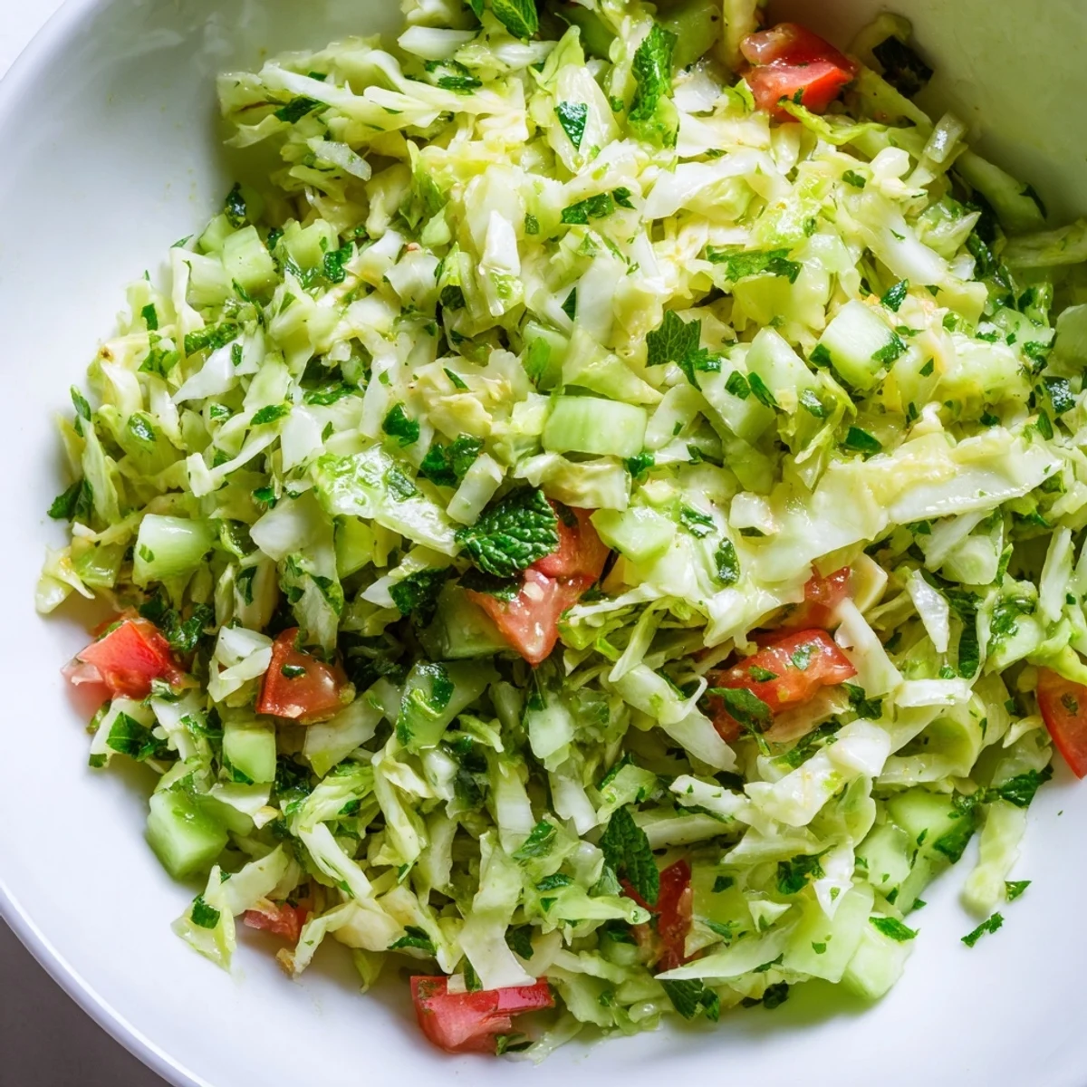 A vibrant bowl of Lebanese Cabbage Salad, sprinkled with parsley and mint, served chilled as a refreshing vegan side dish.  