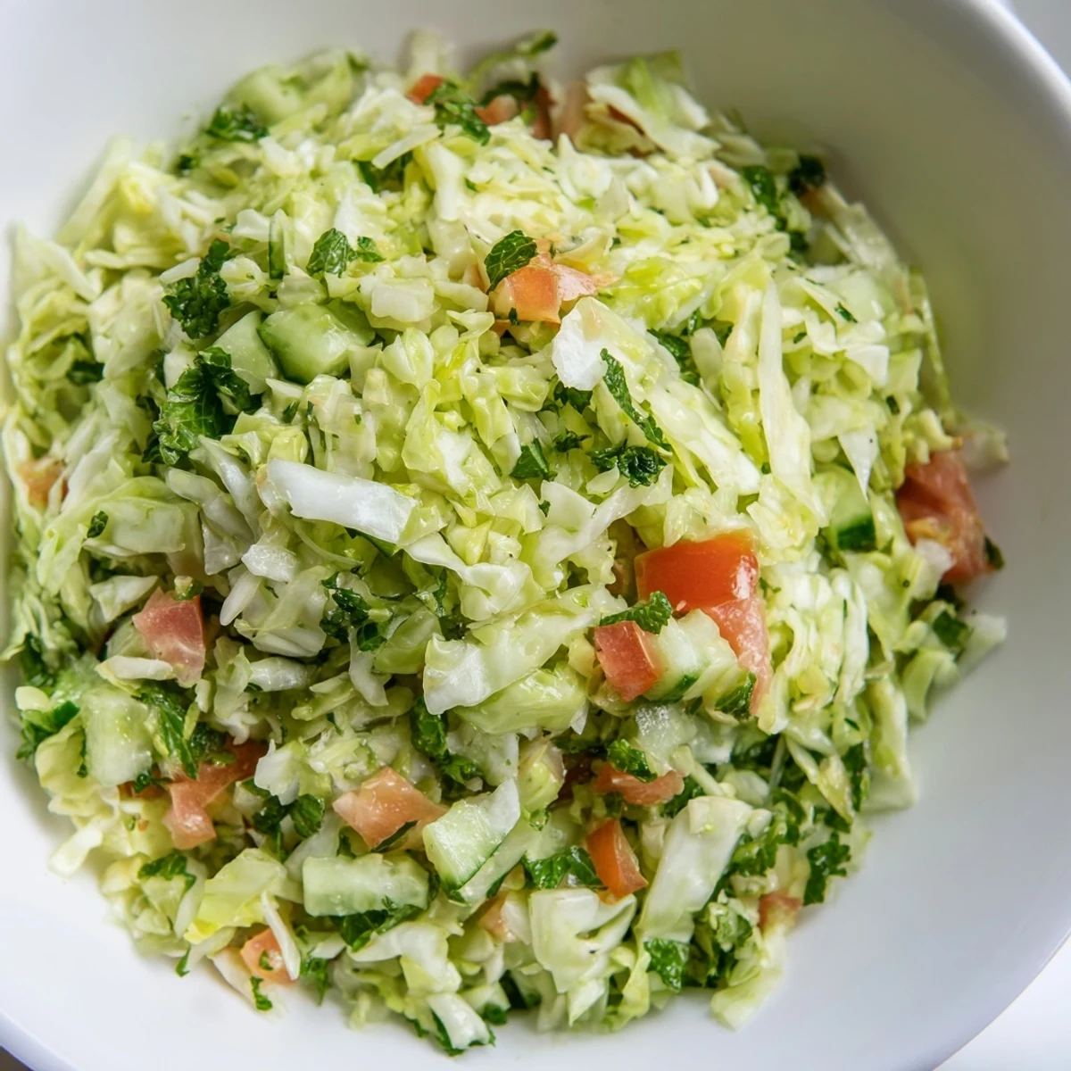Bright, fresh Lebanese Cabbage Salad with shredded green cabbage, diced tomatoes, cucumbers, and herbs tossed in a zesty lemon dressing.  