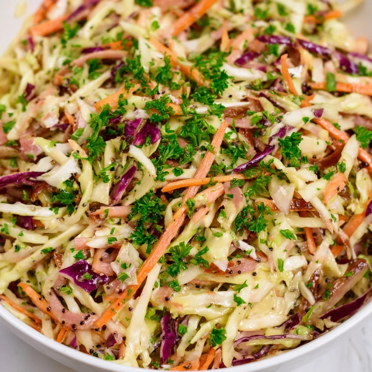 A colorful bowl of German Cabbage Coleslaw With Shredded Ham features tender ham, crisp veggies, and a bright apple cider vinegar dressing, ready to serve.