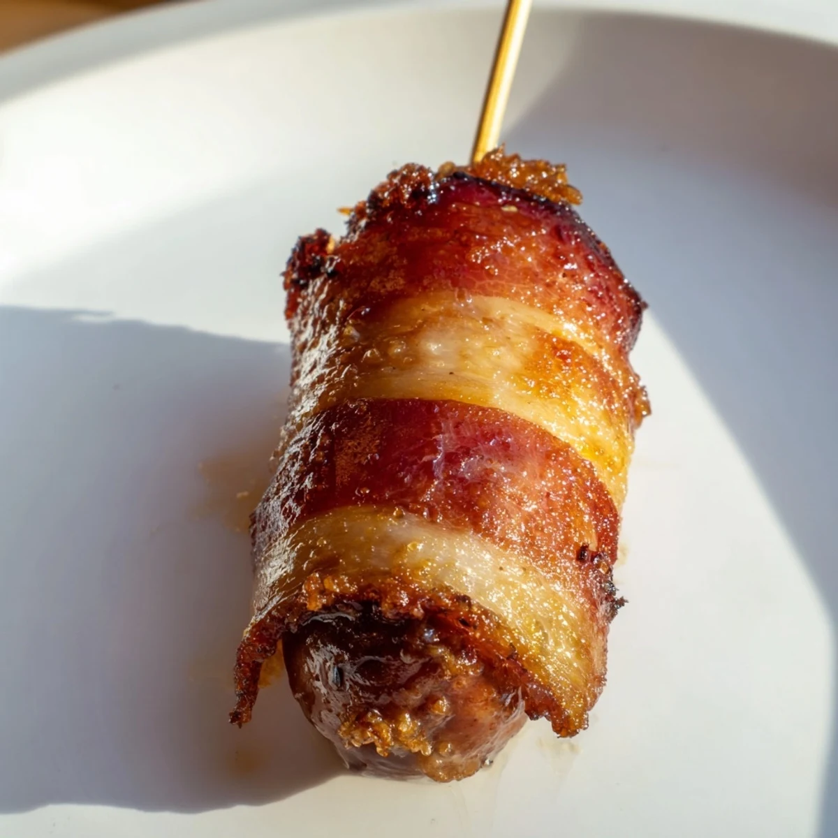Golden brown, crispy bacon-wrapped smokies glistening with a sweet caramelized glaze on a wooden serving platter.  